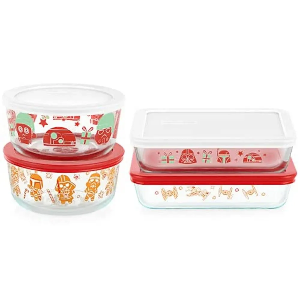 Pyrex 8-Pc Glass Food Storage Container Set, 4-Cup & 3-Cup Decorated Round Meal and Rectangle Prep Containers, Non-Toxic, BPA-Free Lids, Disney Mickey & Friends