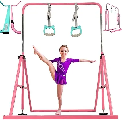 Updated Folding Gymnastics Bar with Rings, Foldable Kip Bar with Sturdier Base, 