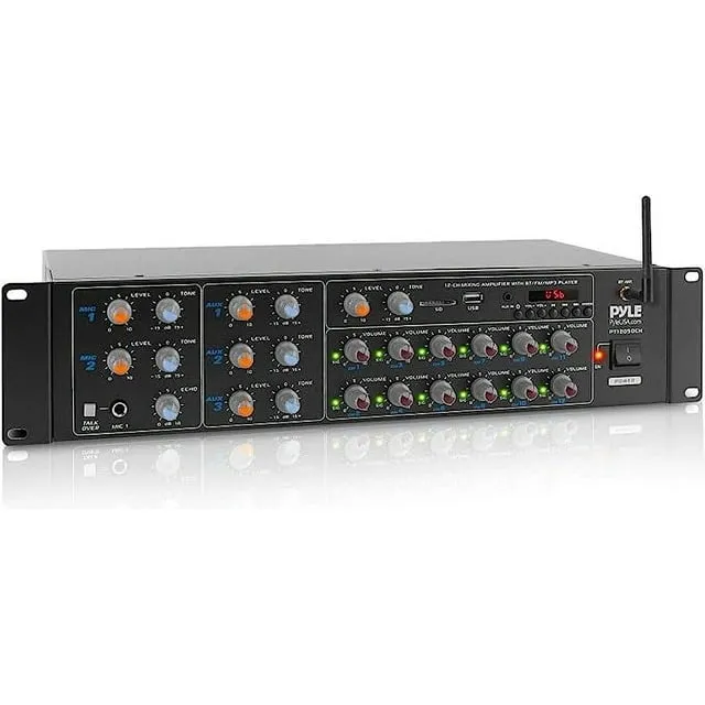 Pyle-12 Channel Power Amplifier w Bluetooth Wireless - 600W Max Power Rack Mount Amplifier with Multi-Zone Sound Mixer–RCA, USB and AUX inputs-Great for Restaurant, Theater, Studio or Stage-PT12050CH