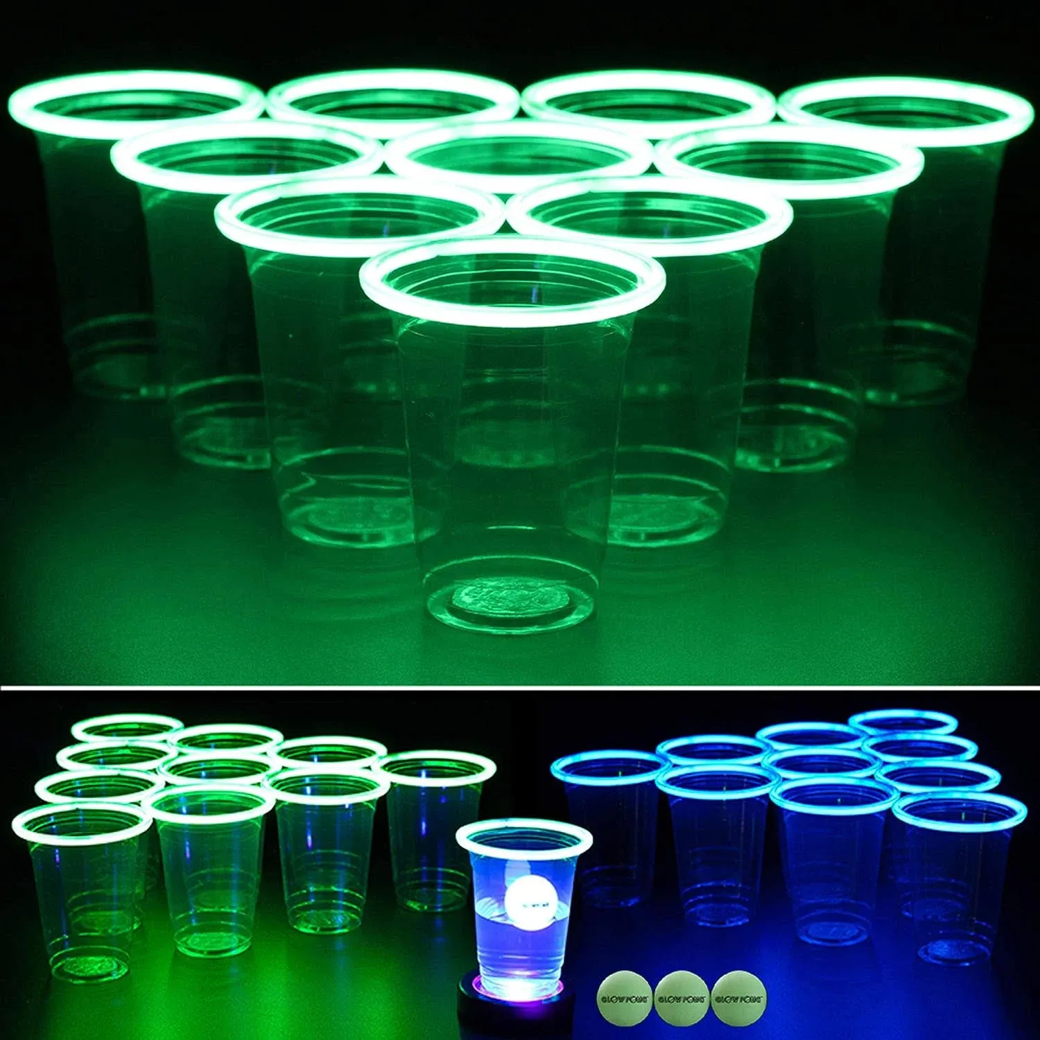 GLOWPONG Green Vs Blue Glow in The Dark Beer Pong Game Set for Indoor Outdoor ...