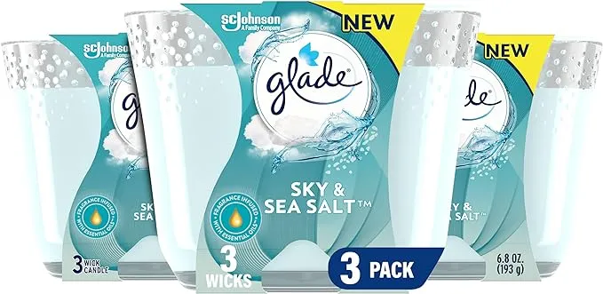 Glade Candle Sky & Sea Salt, Fragrance Candle Infused with Essential Oils, Air Freshener Candle, 3-Wick Candle, 6.8 Oz, 3 Count