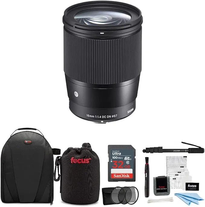 Sigma 16mm f/1.4 DC DN Contemporary Lens for Canon EF-M | Stepping Motor AF System, Super Multi-Layer Coating, Tiffen 67mm UV Protector Filter, 64GB Extreme PRO Memory Card, and Waith Camera Bag