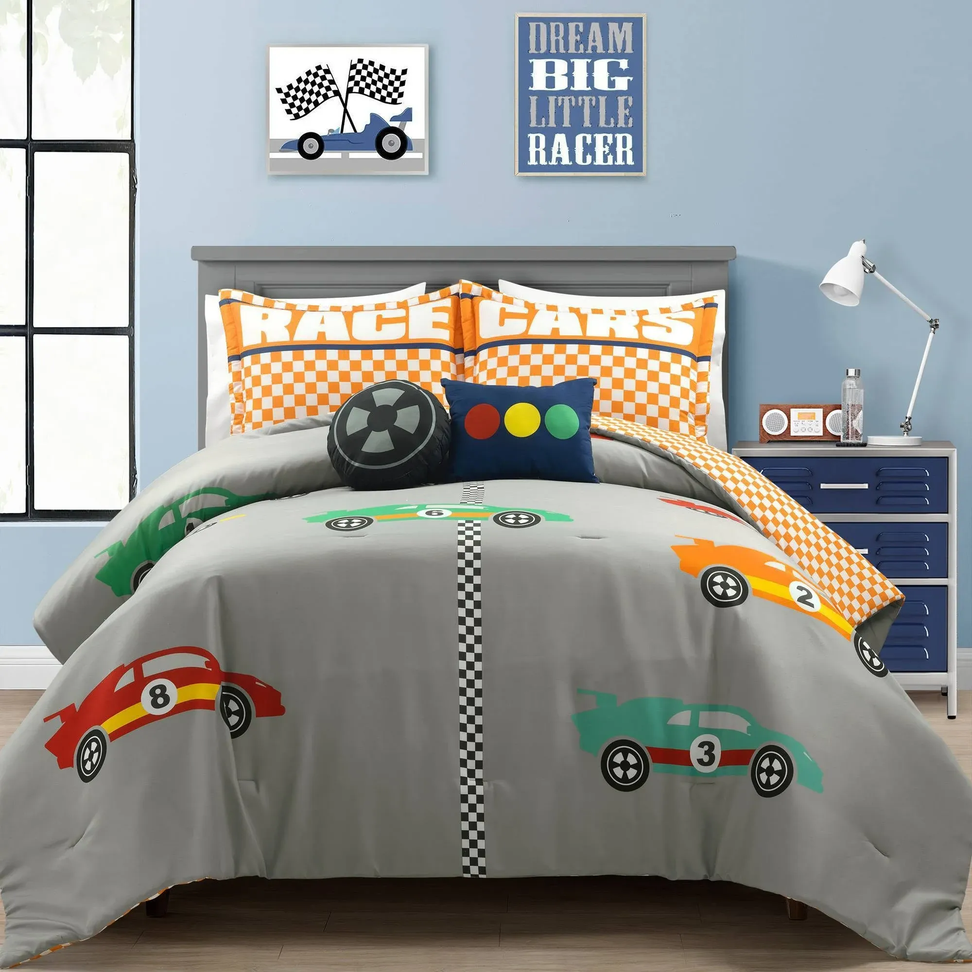 Lush Decor Racing Cars Reversible Oversized 5 Piece Comforter Set, Full/Queen, Gray & Orange