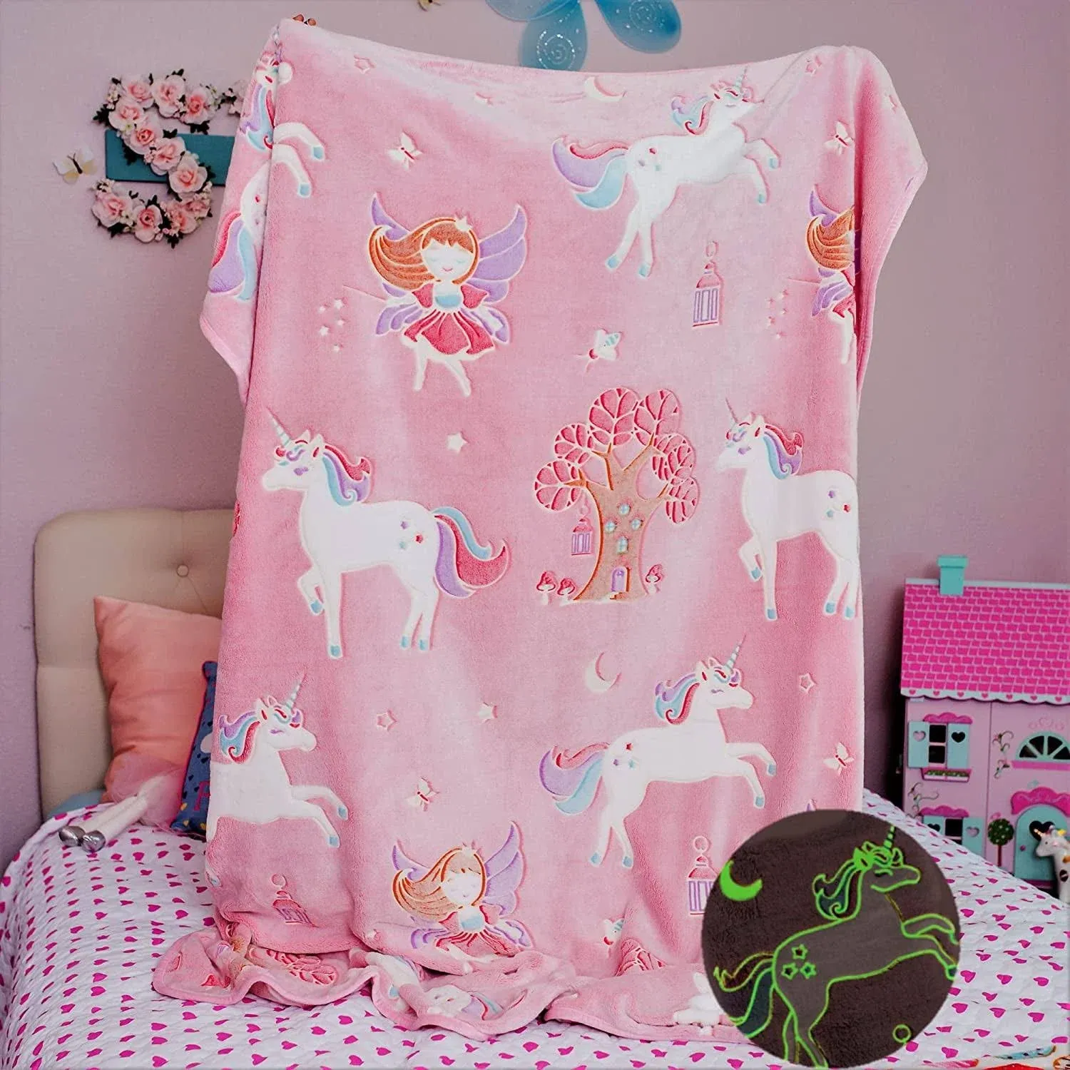 Glow in The Dark Unicorn Blanket for Girls – Soft Pink Fleece Throw. Great Christmas, Birthday, Baby, Toddler Unicorn Gifts! Premium Fuzzy Blanket