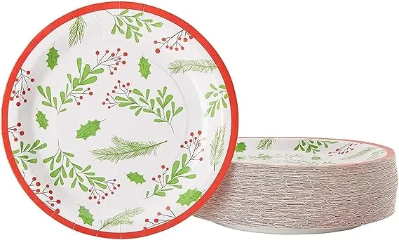 Juvale 80-Pack Holly Berries Christmas Paper Plates, 9 Inches Decorative Paper Plates, Christmas Decorations for Christmas Parties & Family Gatherings