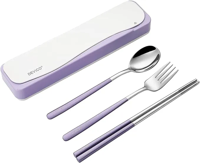 DEVICO Travel Utensils, 18/8 Stainless Steel 4pcs Cutlery Set Portable Camp Reusable Flatware Silverware, Include Fork Spoon Chopsticks with Case (Pink)