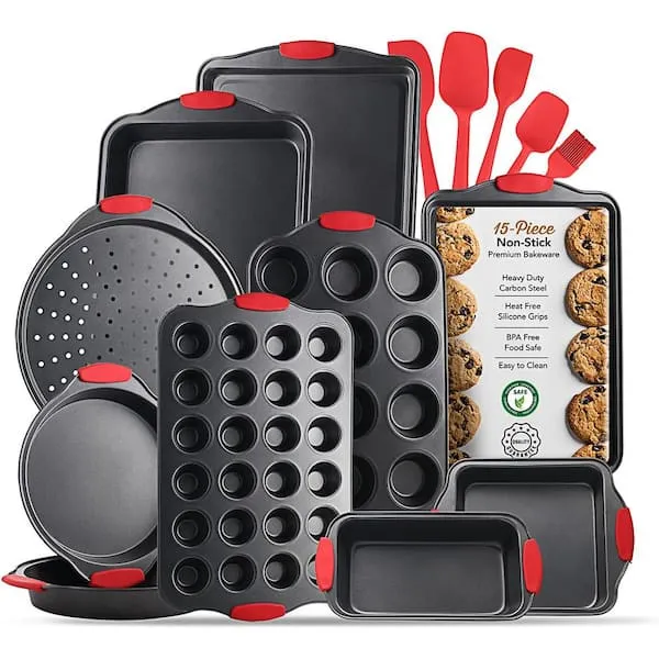 JoyTable Nonstick Bakeware Set - 15 PC Baking Tray Set With Silicone Handles & Utensils - Oven Safe & Carbon Steel Cookie Sheets, Baking Pans, Black