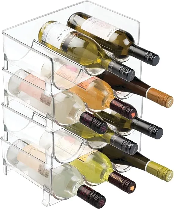 mDesign Stackable Plastic 3 Bottle Refrigerator Wine Rack - Kitchen Storage Organizer Holder for Champagne, Wine or Water Bottles - Stacking Wine Bottle Organizer for Fridge - Ligne Collection - Clear