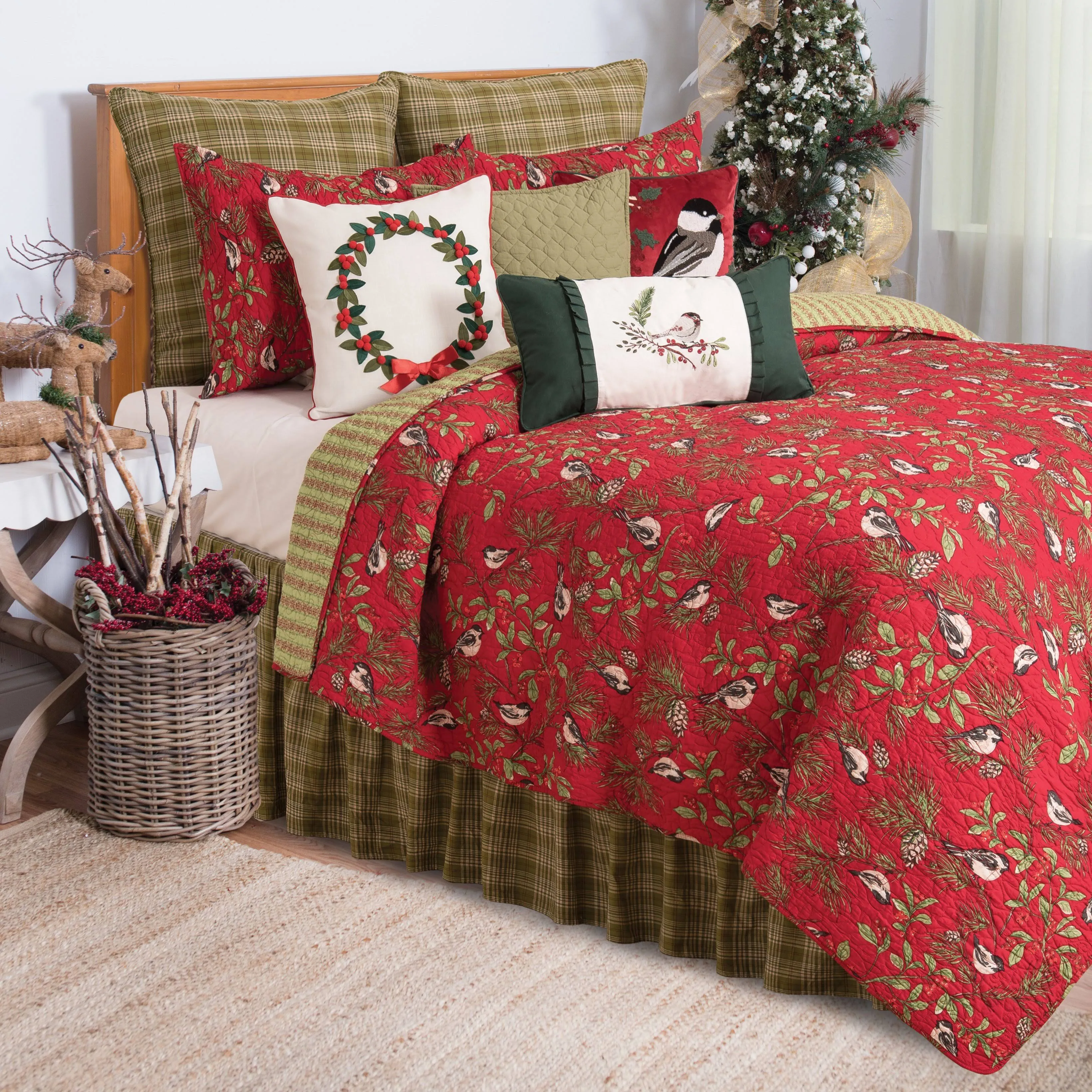 C&amp;F Home Chickadee Red King Size Cotton Quilt Set Reversible Christmas Holiday 