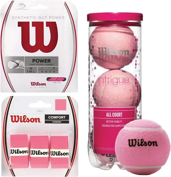 Wilson Pink Pro Accessory Starter Pack - Bundle with A Set of Wilson Synthetic Gut Power 16g Pink Tennis String, 3-Pack Pink Pro Overgrip, 3-Ball Can Intrigue All Court Tennis Balls