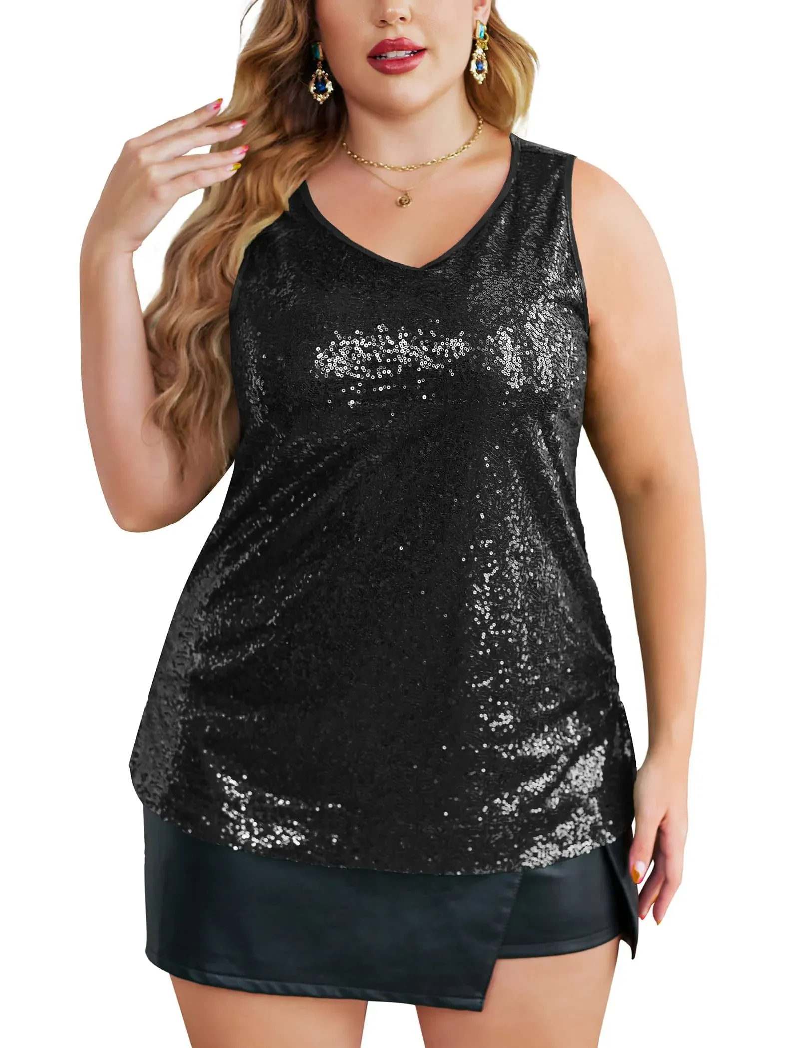 IN&#039;VOLAND Women&#039;s Sequin Tops Plus Size Glitter Tank Top Sleeveless Sparkle Shim