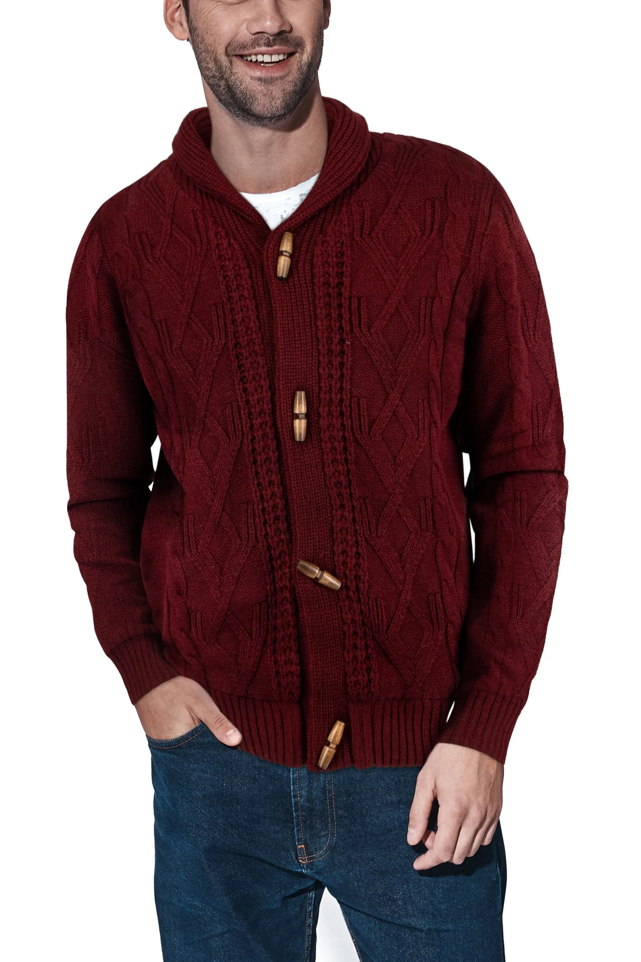 X-Ray Men's Shawl Collar Cable Knit Cardigan - Burgundy - Size S