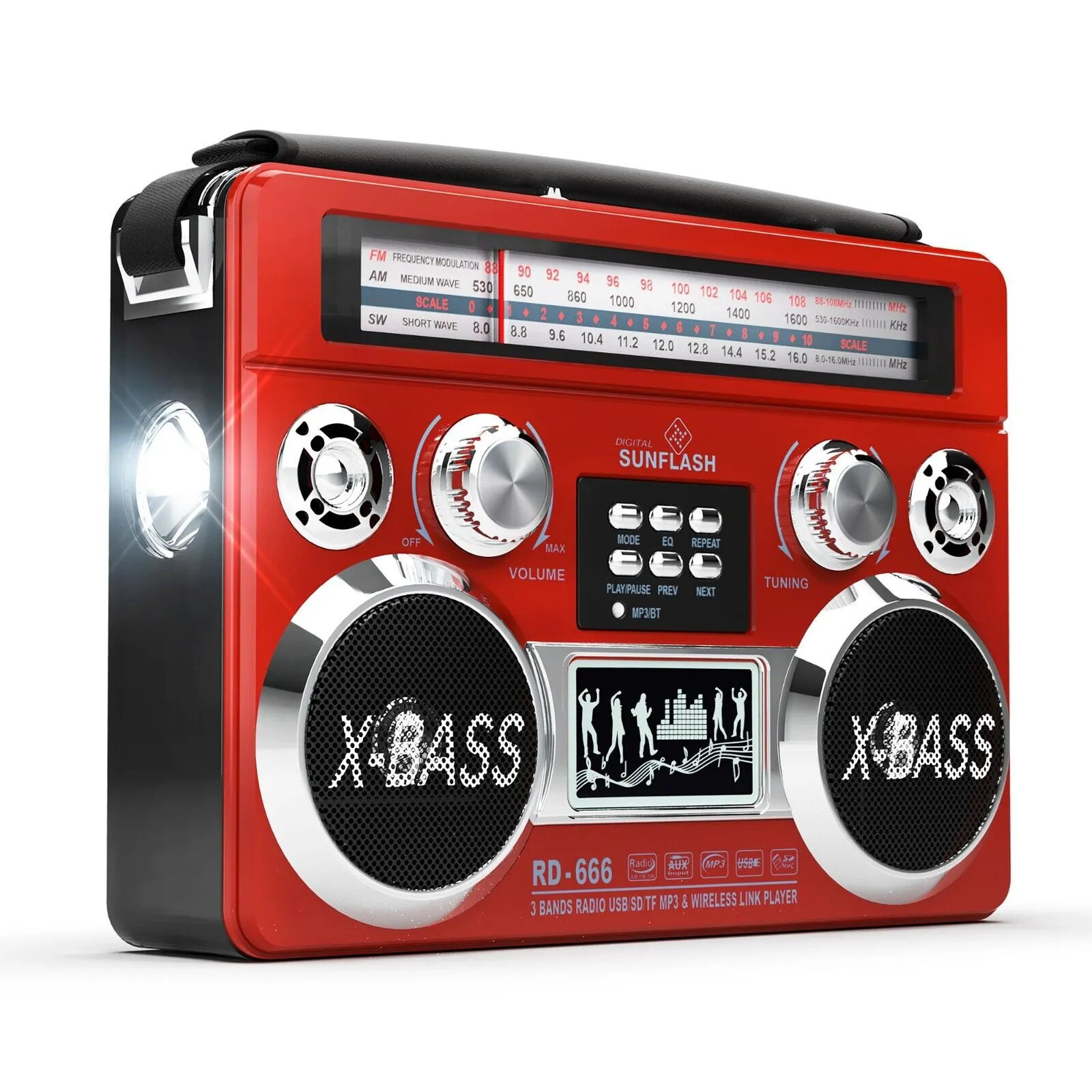 Digital SunFlash RD-666 Retro Am/fm/sw 3-Band Rechargeable Portable Radio with Bluetooth Boombox, Flash Light, USB/SD/MicroSD/AUX Compatible with