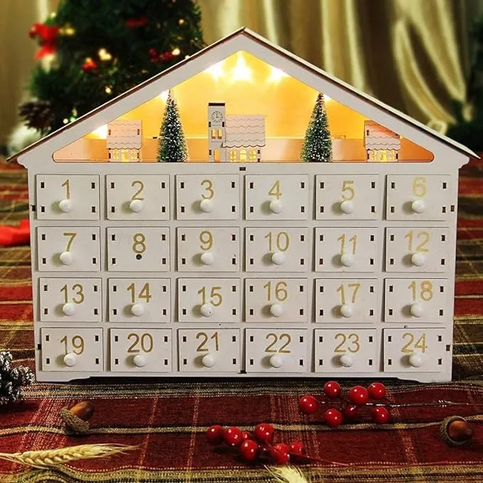 MorTime LED 24 Day Advent Calendar Decorated with Christmas Tree House and LED Lights, Lighted White Wooden Countdown to Christmas Calendar