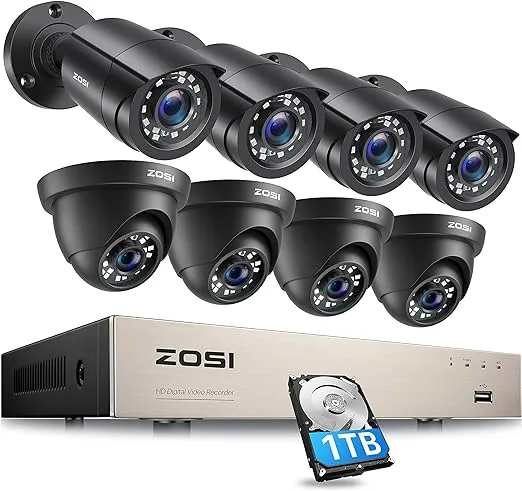 ZOSI 8CH 5MP Lite Security Camera System Outdoor, 8 Channel H.265+ 5MP Lite CCTV DVR with 1TB Hard Drive and 8X1920TVL 1080P Home Surveillance Cameras,80ft Night Vision,Remote Access