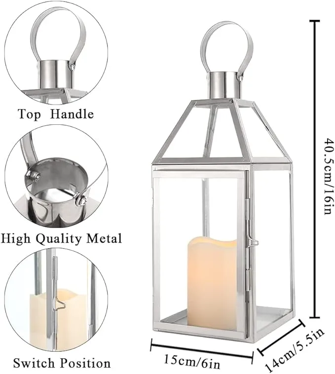 JHY design Decorative Lanterns 16inch High Stainless Steel Candle Lanterns with Tempered Glass for Indoor Outdoor