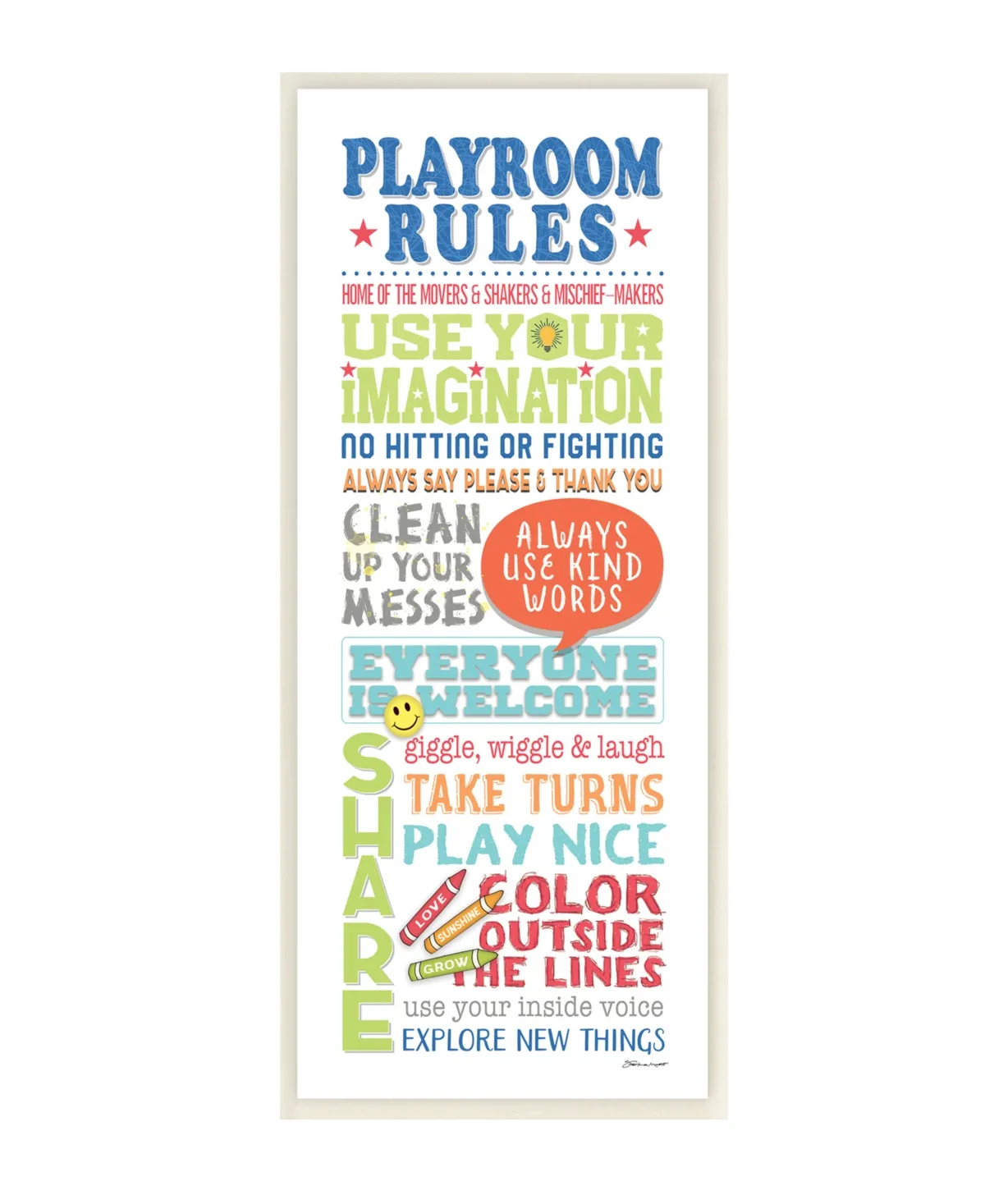 Stupell Industries Playroom Rules Colorful Typography White Blue Green and Red Wall Plaque Art, 7" x 17" - Multi-Color