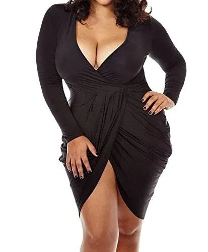 POSESHE Womens Plus Size Deep V Neck Bodycon Wrap Dress with Front Slit