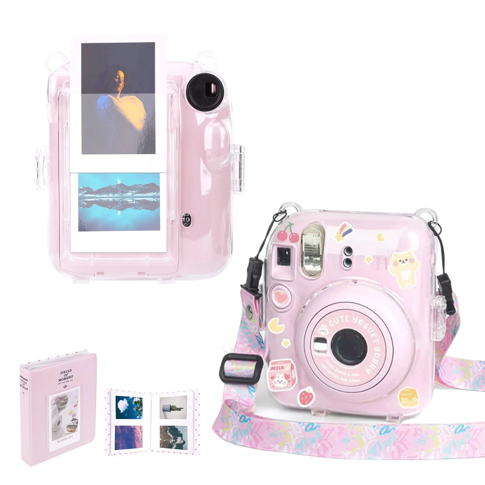 Transparent Camera case Compatible with Fujifilm Instax Mini 12 Instant Camera - Mini 12 Camera case, Cute Pattern Shoulder Strap and Pattern Stickers, and 64 Pocket Album (Green)