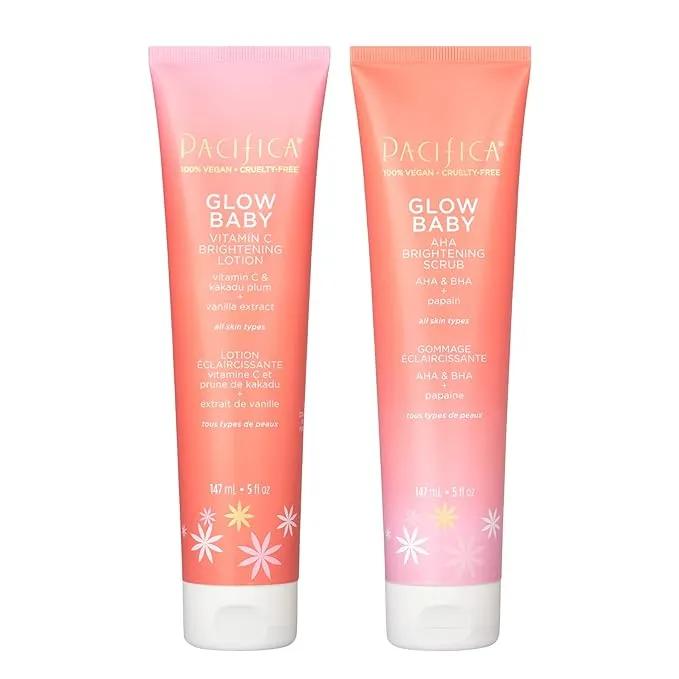 Pacifica Beauty Glow Baby Vitamin C Brightening Body Lotion and AHA Brightening Body Scrub Set, Bath and Body, Vitamin E, Kakadu, Moisturizing, Exfoliating, Hydrating, Vegan, 5 fl oz Each (Set of 2)