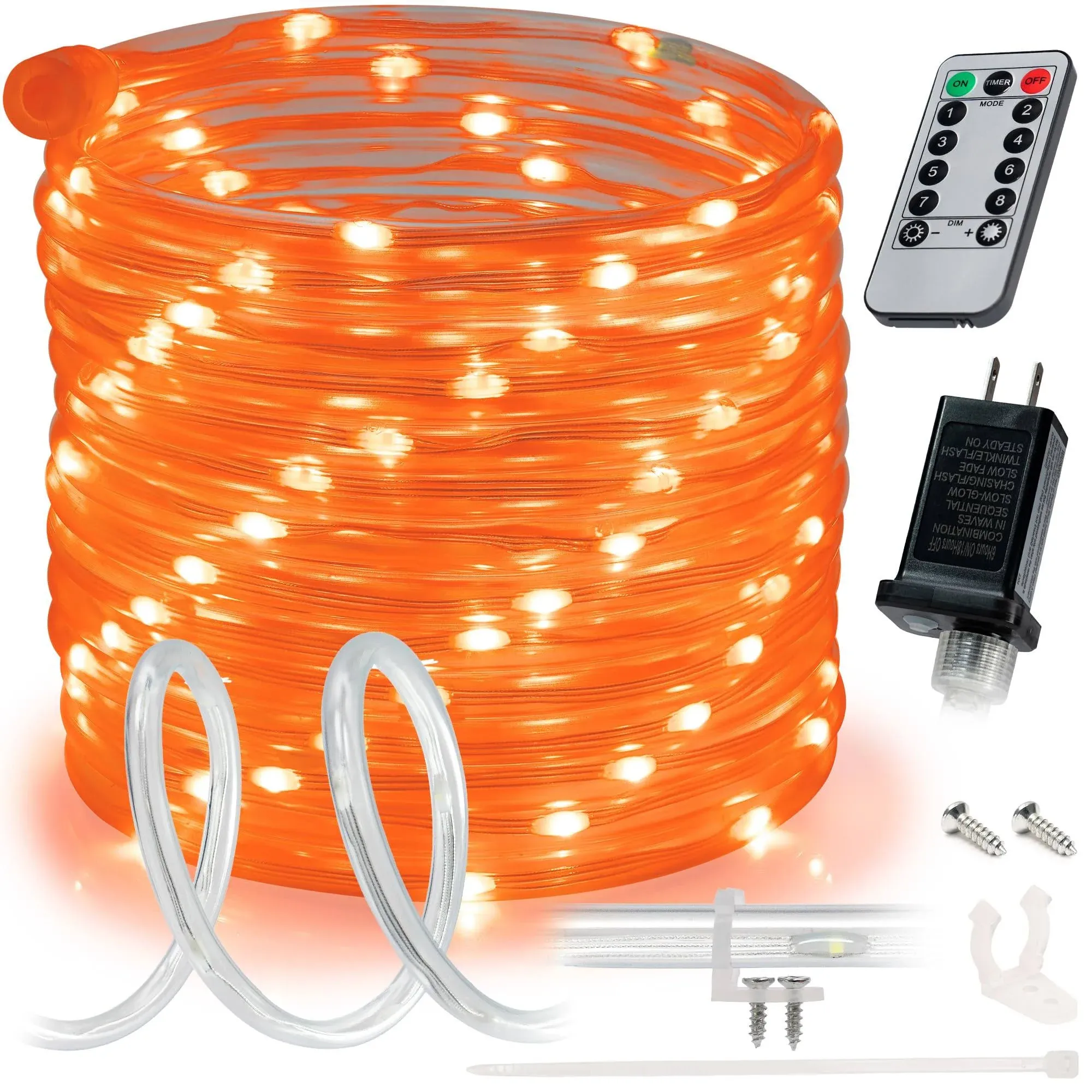 Wyzworks Orange 8-Mode LED Rope Light w/Remote Control, Outdoor Waterproof Accent ...