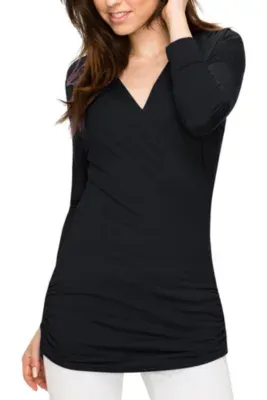 Haute Edition Women's 3/4 Sleeve Cross Front Wrapped V-Neck Top, Black, Medium