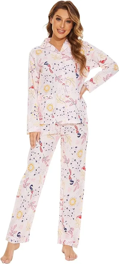 GLOBAL Women Cotton Pajamas Long Sleeve PJs Button Down Sleepwear S-3XL