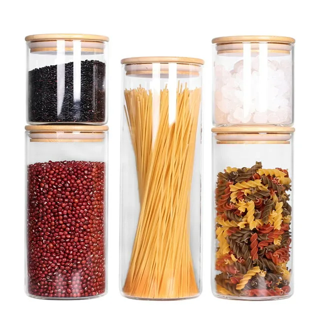 Stackable Kitchen Canisters Set, Pack of 5 Clear Glass Food Storage Jars Cont...