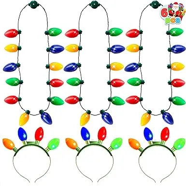 JOYIN 6 Pcs Christmas Light Up Headband and Necklace with 6 Flashing Modes, LED Christmas Bulb Lights Necklace Headband for Kids Women Men Xmas Party Supplies Accessories