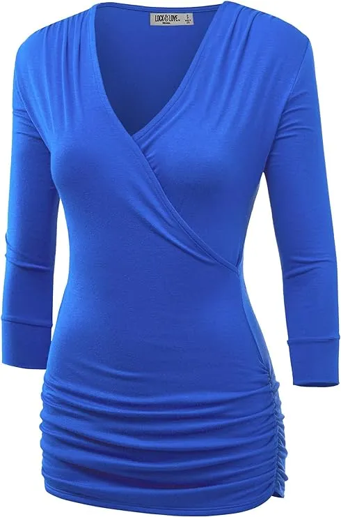 Lock and Love Women's 3/4 Sleeve Cross Front Wrapped V Neck Top S-3XL