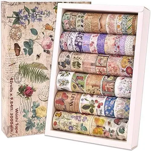 emmoolife 42 Rolls Vintage Washi Tape Set, Floral Letter Butterfly Mushroom Botanical Flower Writable Decorative Tapes for Scrapbooking , Junk Journal