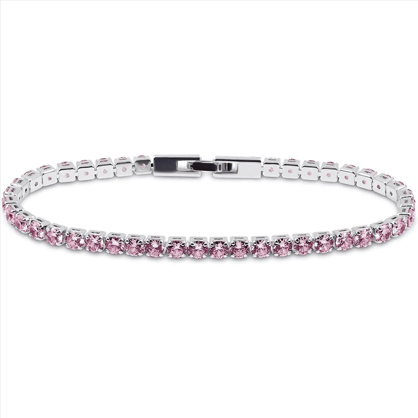 Savlano 14K White Gold Plated Rose Pink Cubic Zirconia Round 4MM Classic Tennis Bracelet For Women