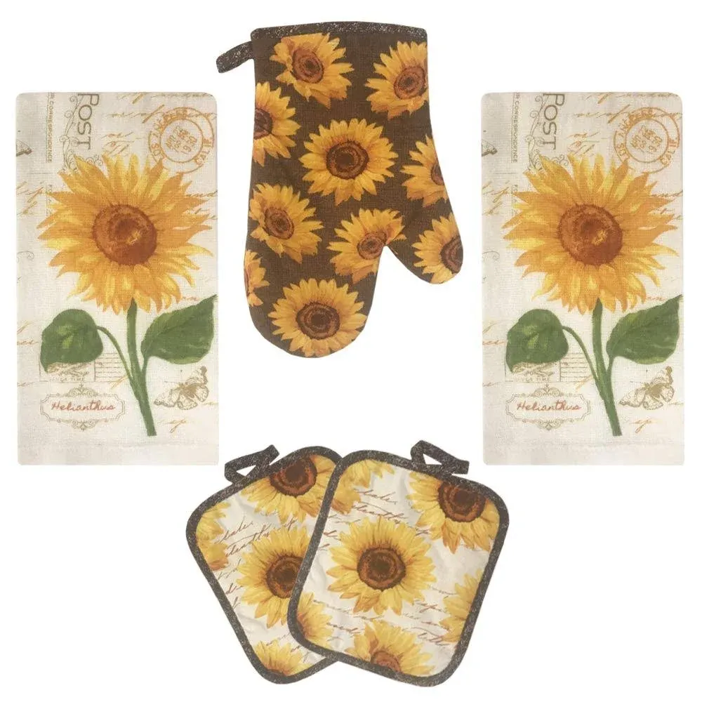 Lobyn Value Packs Golden Sunflower Kitchen Towel 5 Piece Linen Set 2 Towels 2...