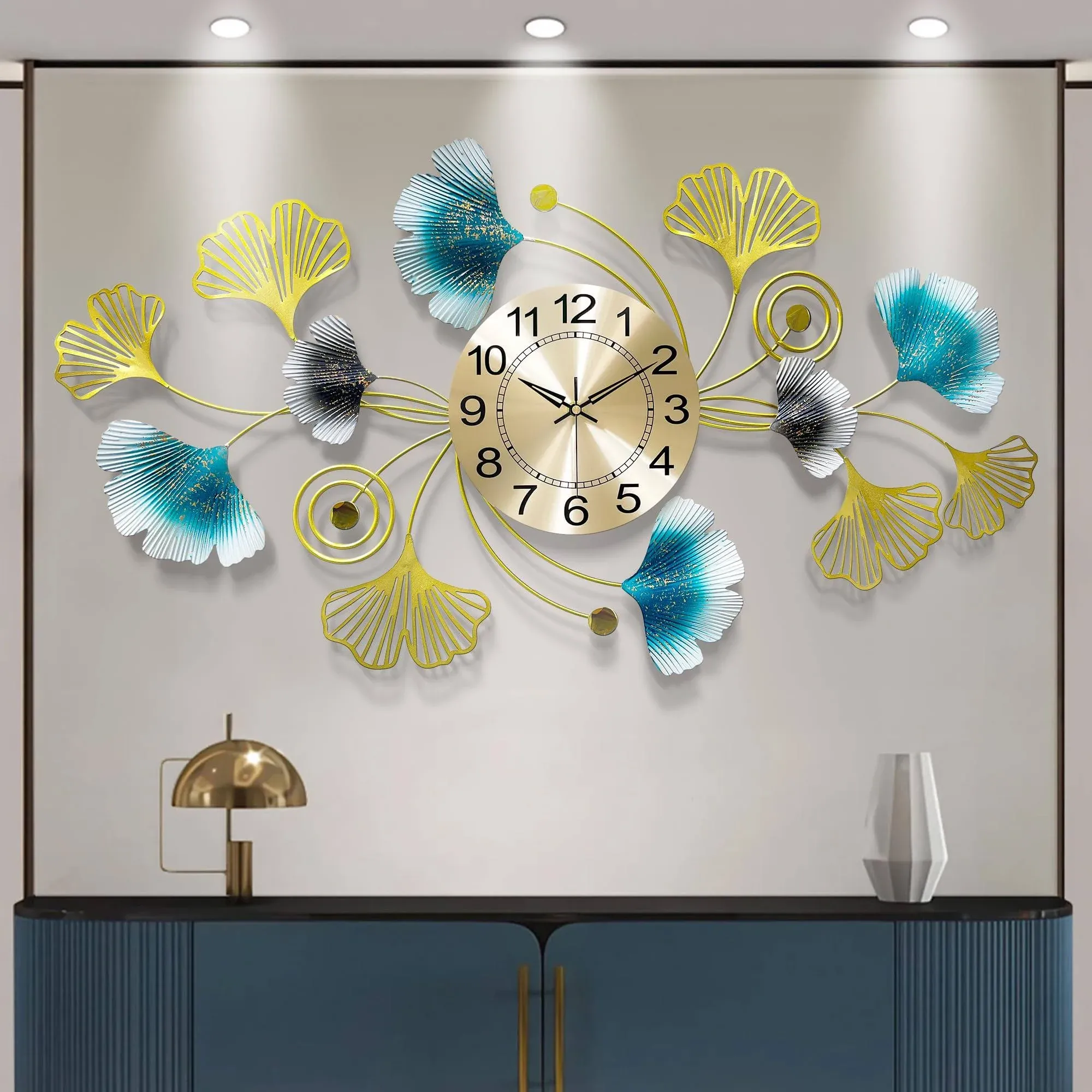 Large Decorative Wall Clock, Ginkgo Leaf Quartz Gold Wall Clock with Silent Movement, Metal Wall Art for Living Room/Dinning Room/Bedroom/Entryway/Office Decor