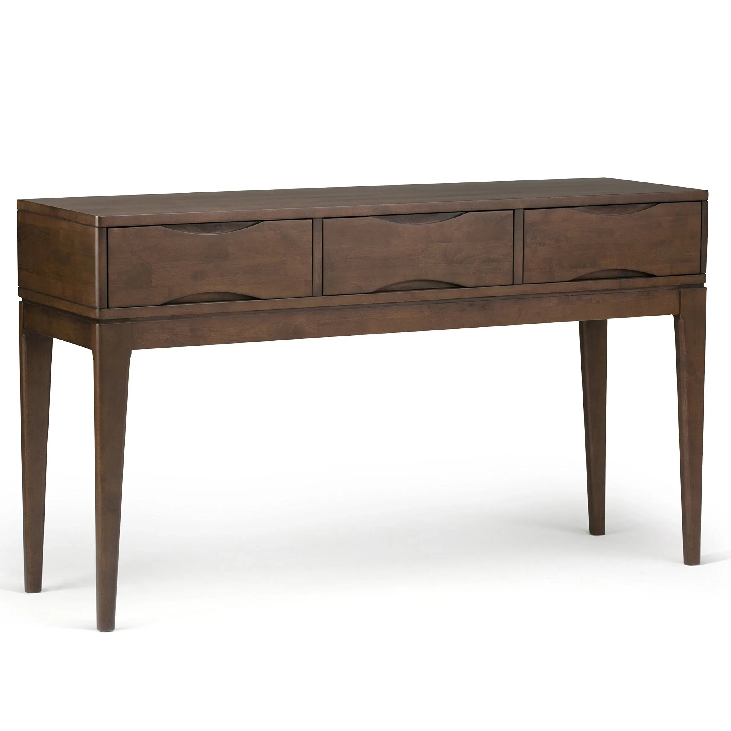 SIMPLIHOME Harper SOLID WOOD 54 inch Wide Mid Century Modern Console Sofa Entryway Table in Walnut Brown with Storage, 3 Drawers , for the Living Room, Entryway and BedroomSIMPLIHOME Harper SOLID WOOD 54 inch Wide Mid Ce…