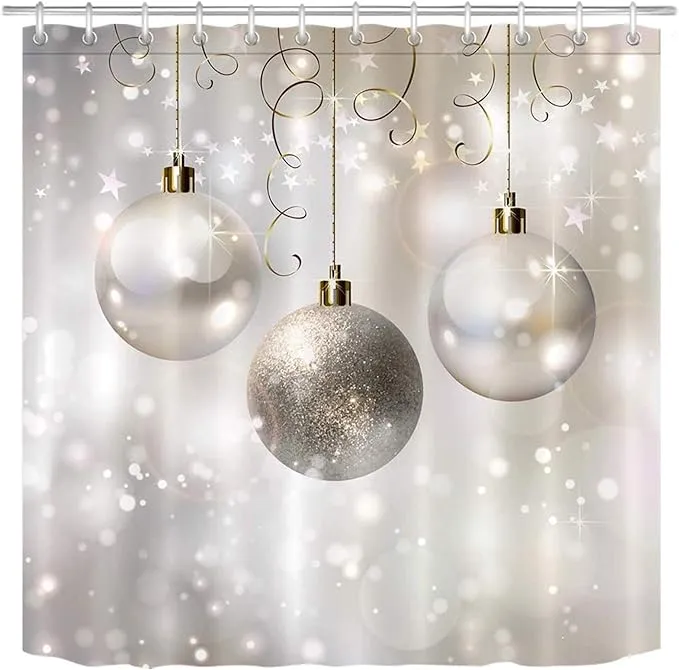 LB Christmas Shower Curtain Set Silver Xmas Balls Winter Bathroom Curtain with Hooks 72x72 inch Waterproof Polyester Fabric Bathtub Curtain