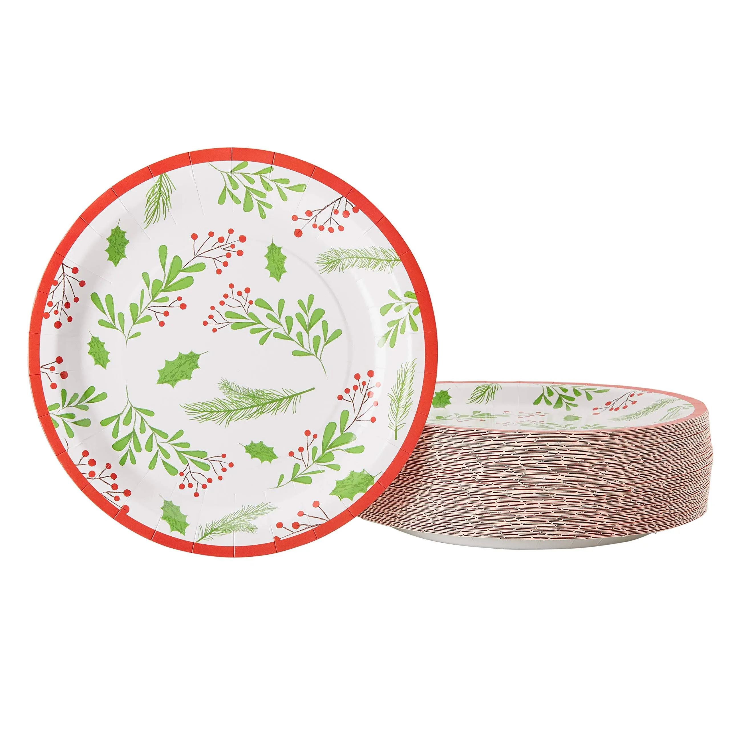 80 Pack Holly Berries Christmas Paper Plates for Holiday Party Supplies, 9 Inches