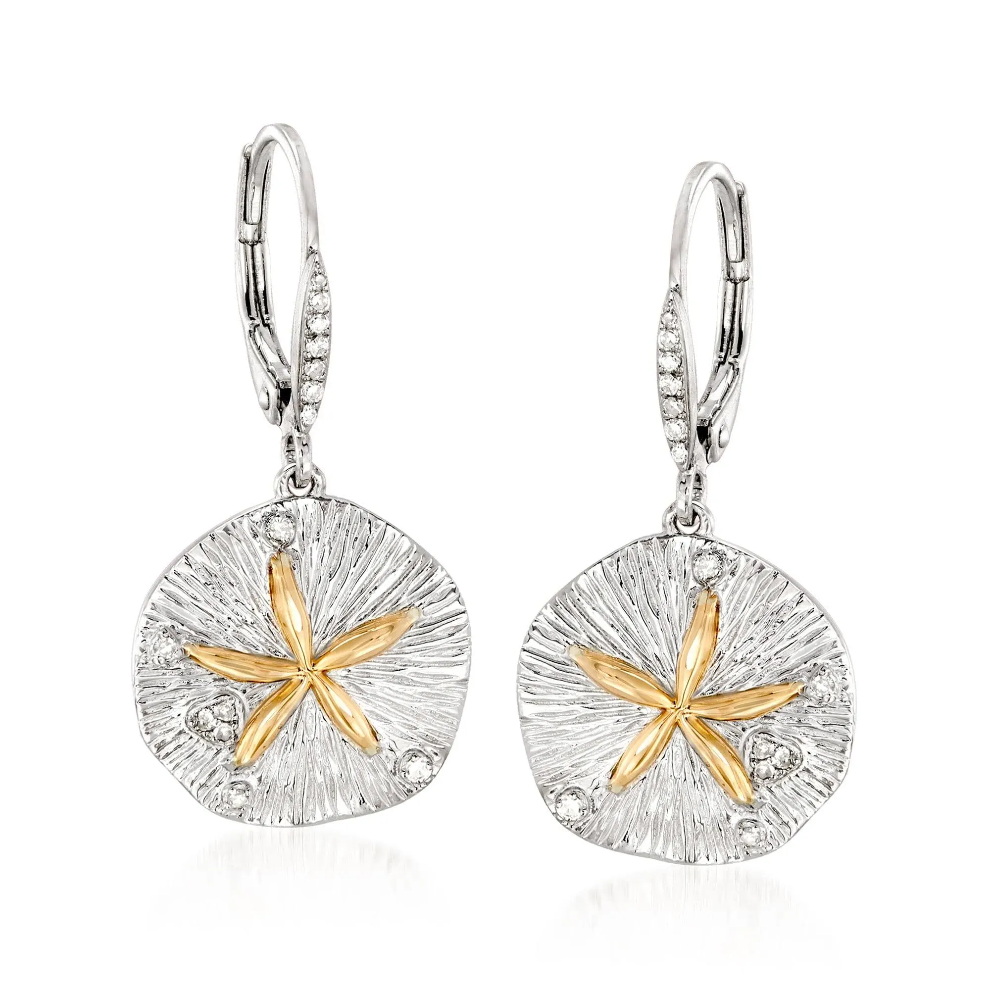 Ross-Simons Sterling Silver and 14kt Gold Sand Dollar Drop Earrings With .10 ct. t.w. Diamonds