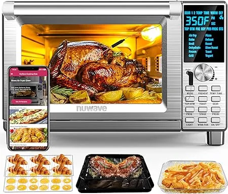 Nuwave Bravo Air Fryer Toaster Smart Oven, 12-in-1 Countertop Convection, 30-QT XL Capacity, 50°-500°F Temperature Controls, Top and Bottom Heater Adjustments 0%-100%, Brushed Stainless Steel Look