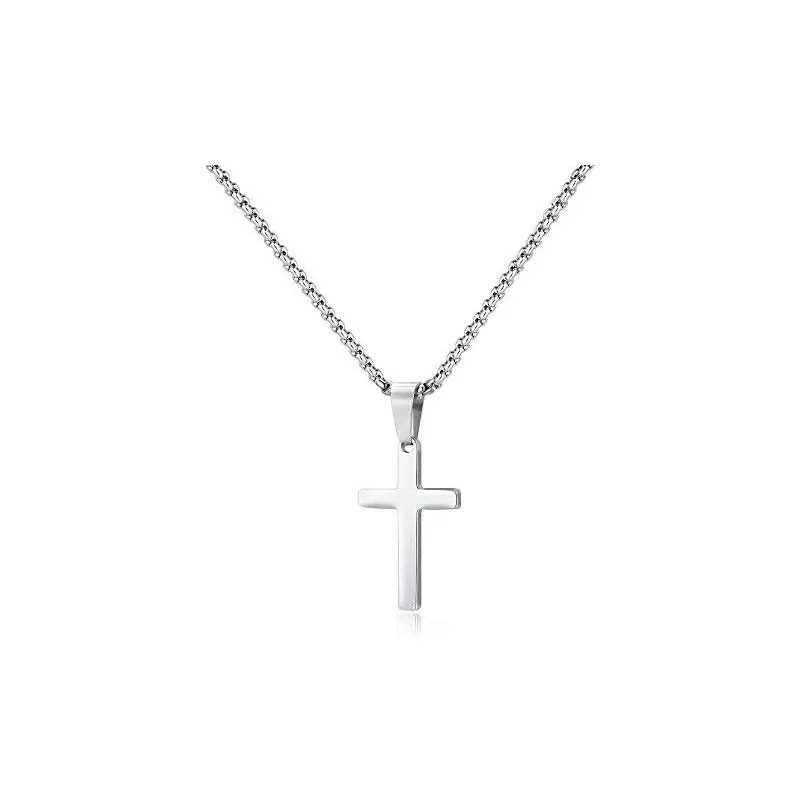 Silver Mens Christ Cross Pendant Necklace Stainless Steel Polish Women Amulet