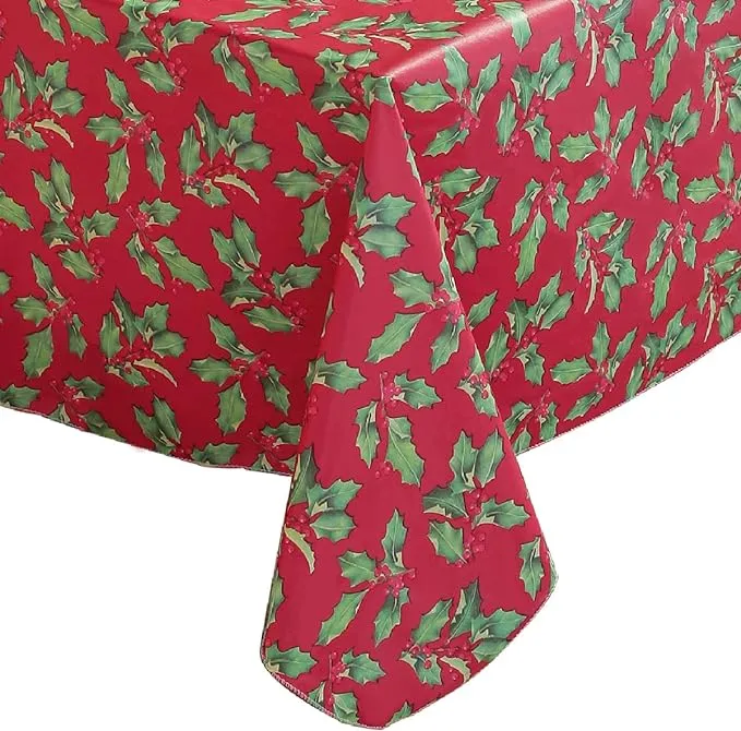 Christmas Tablecloth Rectangle Vinyl Flannel Backing, Floral Holly &amp; Berry Print