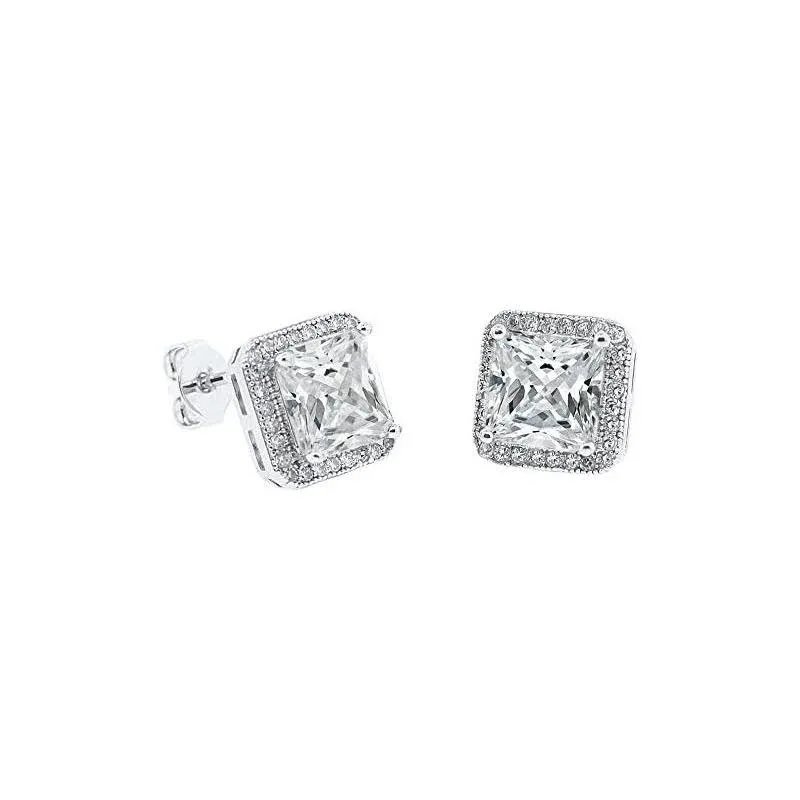 Cate & Chloe Norah 18K White Gold Plated Princess Cut CZ Halo Stud Earrings