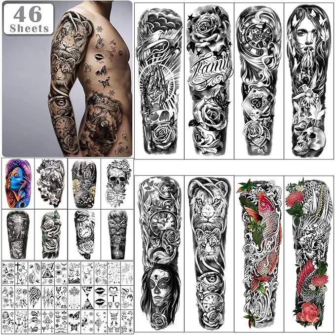 Extra Large Full Arm Waterproof Temporary Tattoos 8 Sheets and Half Arm Shoulder Tattoo 8 Sheets, Tiny 30sheets Lasting Tattoo Stickers for Girls Adult Women or Men (Total 46 sheets)