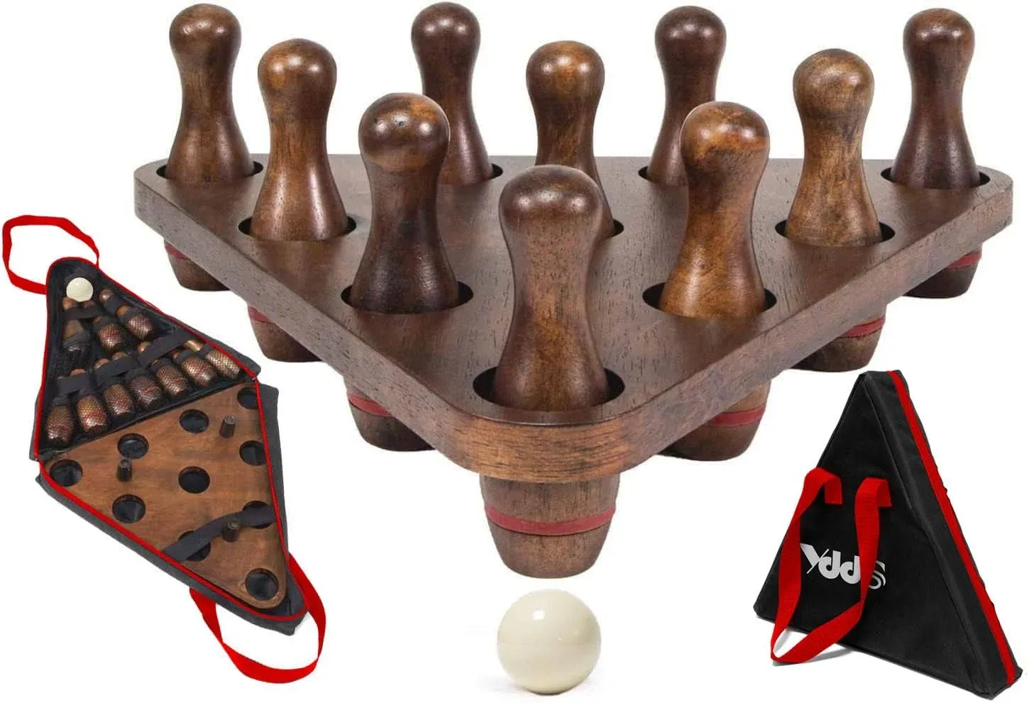 Ydds Shuffleboard Bowling Pin Set with 10 Pcs Premium Hardwood Bowling Pins Durabel Triangular Pinsetter Resin Bowling Ball and Carrying Bag, Fun