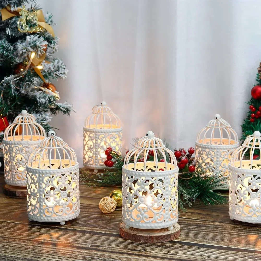 JHY DESIGN 6 Pcs Wedding Centerpieces 5.5 inch Height Small Metal Candle Stick Holder Hanging Birdcage Tealight Lantern Hollow Candle Holders for Table Valentine Patio Indoor Outdoor (Cream White)