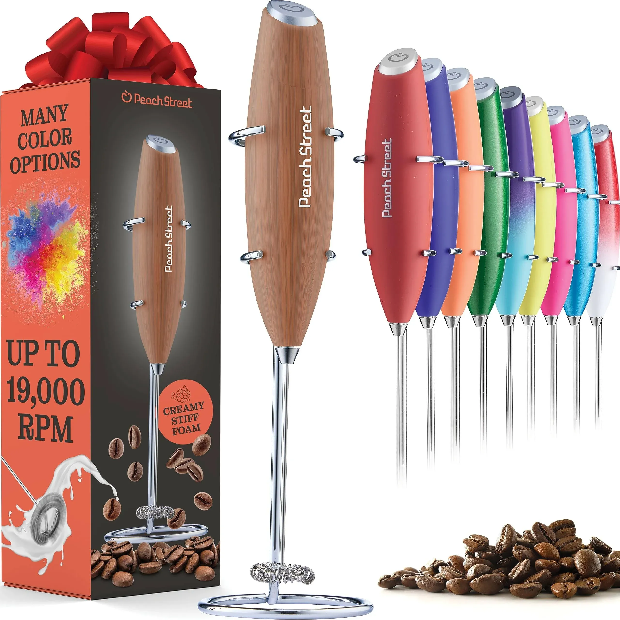 Peach Street Powerful Handheld Milk Frother, Mini Milk Foamer, Battery Operated (Not Included) Stainless Steel Drink Mixer with Frother Stand (Dark Sky)