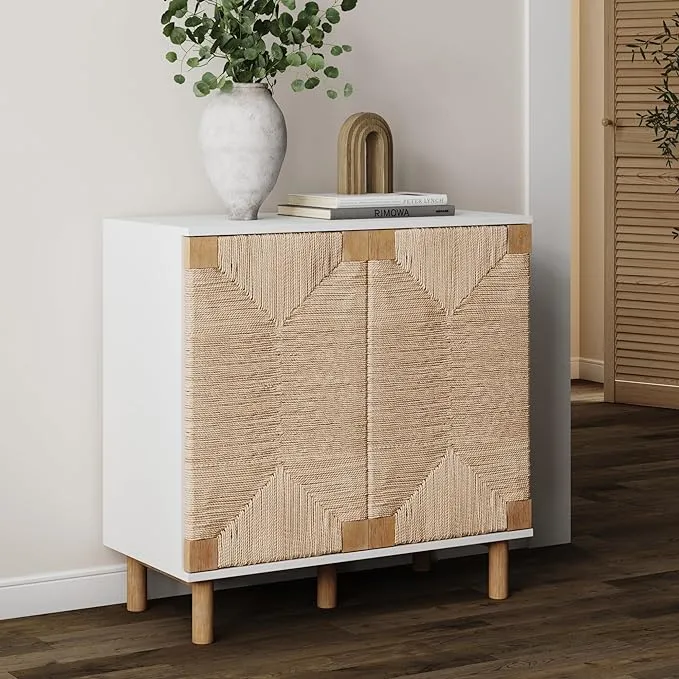 Nathan James Kova Accent Natural Storage Cabinet Sideboard Wood and Rattan with Matte Metal Frame, Adjustable Interior Shelves and Cane Doors, for Hallway, Entryway or Living Room, Light Oak/Black