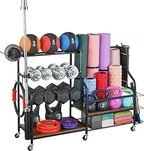 Mythinglogic Yoga Mat Storage Racks,Home Gym Storage Rack for Dumbbells Kettlebells Foam Roller, Yoga Strap and Resistance Bands, Workout Equipment Storage Organizer With Hooks and Wheels