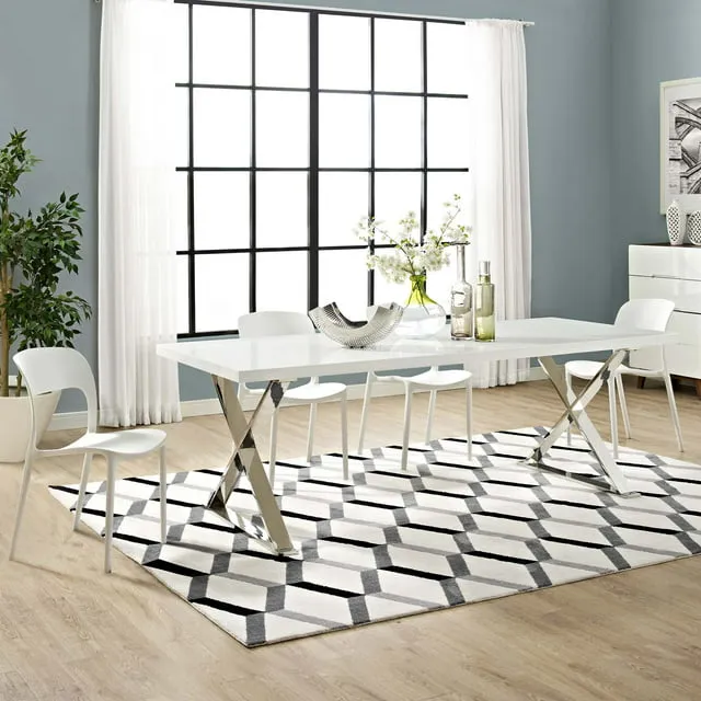 Modway Sector Modern Dining Table with Stainless Steel Metal X-Base in White Silver