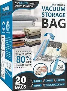 Lot de 20 sacs de rangement sous vide, sacs peu encombrants (4 géants/4 grands/4 moyens/4 petits/4 rouleaux) compression pour couettes et couvertures, rangement pour vêtements, pompe manuelle incluse